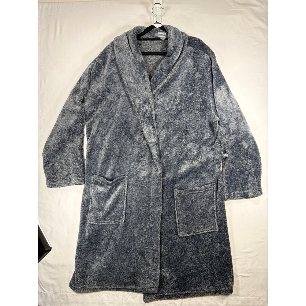 Khombu Plush Fleece Robe Womens L Gray Shawl Collar Pockets Loungewear